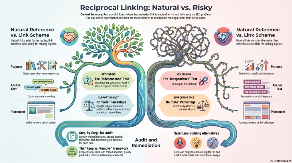Infographic comparing natural reciprocal linking, depicted as a healthy tree, versus risky link schemes, depicted as tangled vines.
