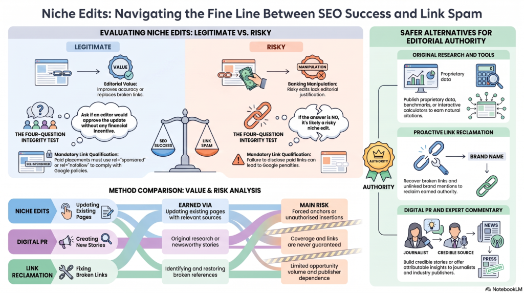 Infographic titled "Niche Edits: Navigating the Fine Line Between SEO Success and Link Spam" detailing evaluation methods and safer SEO alternatives.