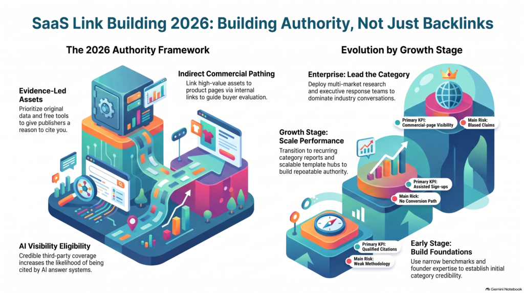 An isometric 3D infographic titled "SaaS Link Building 2026: Building Authority, Not Just Backlinks." It illustrates a "2026 Authority Framework" detailing evidence-led assets, indirect commercial pathing, and AI visibility, alongside a three-step "Evolution by Growth Stage" model outlining strategies, KPIs, and risks for Early Stage, Growth Stage, and Enterprise companies.