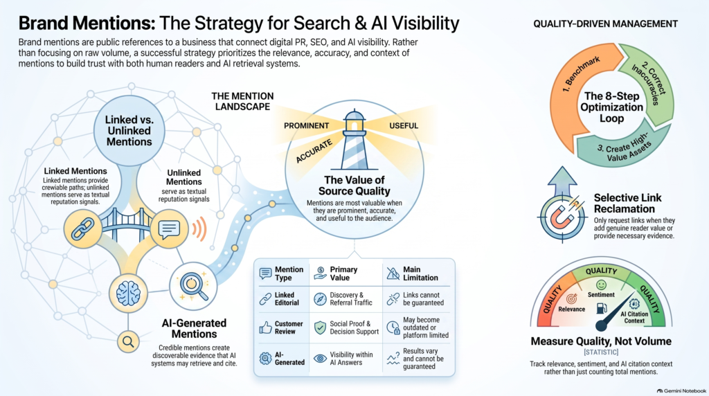 An infographic titled "Brand Mentions: The Strategy for Search & AI Visibility" illustrating the mention landscape, the importance of source quality, and quality-driven management practices like optimization loops, link reclamation, and measuring quality over volume.