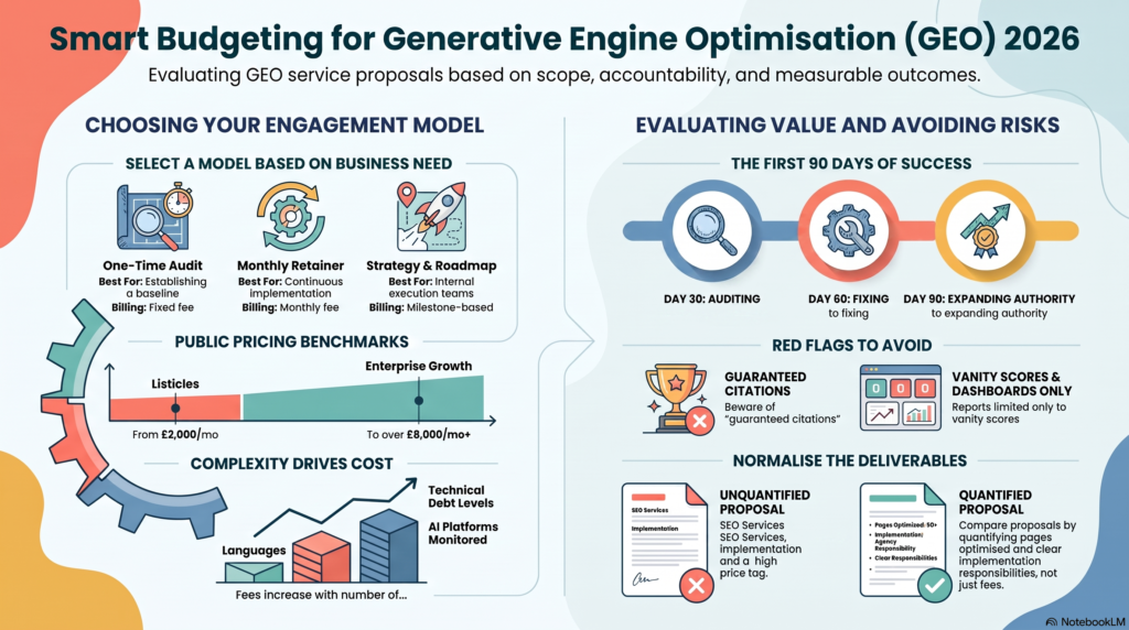 Infographic titled "Smart Budgeting for Generative Engine Optimisation (GEO) 2026", detailing how to evaluate GEO proposals by choosing engagement models, understanding pricing benchmarks and cost drivers, setting a 90-day success timeline, spotting red flags, and normalizing deliverables.