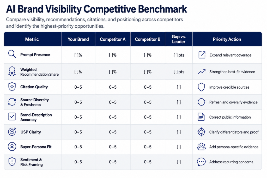 A competitive analysis scorecard template with columns comparing "Your Brand" against two competitors across eight performance metrics, alongside calculated gaps and recommended priority actions.