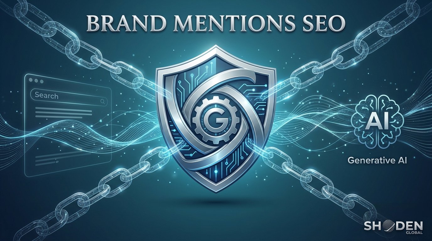 watermarked_img_17750239716515766925 Futuristic illustration of a central shield connected by digital chains to a search engine and an AI brain, representing Brand Mentions SEO.