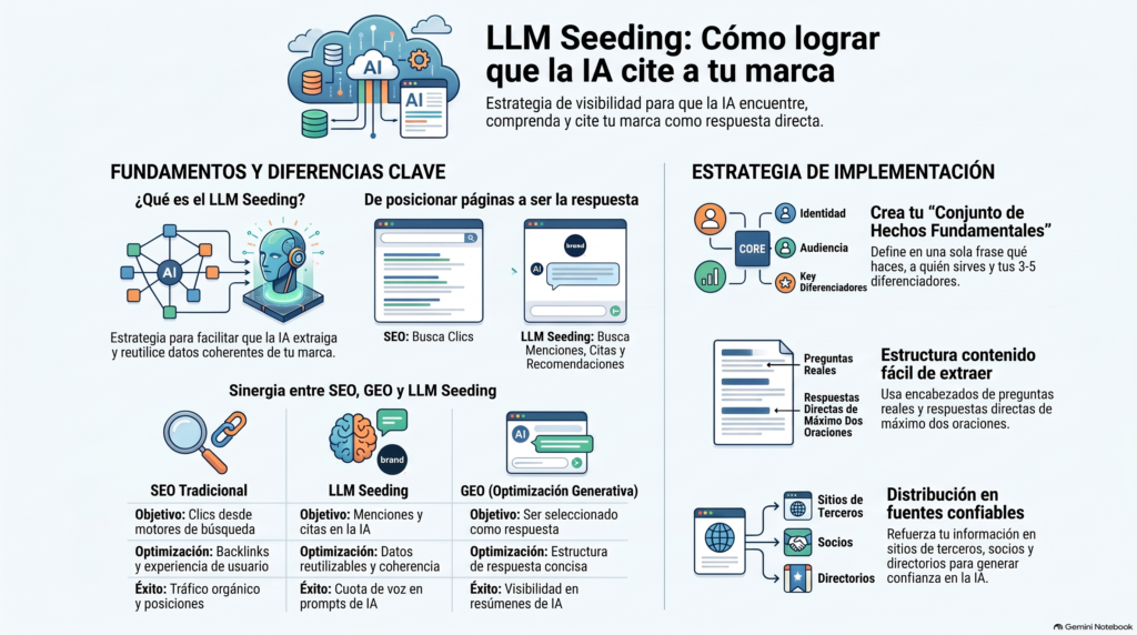 Infografía sobre LLM seeding: cómo lograr que la inteligencia artificial cite a tu marca, comparando SEO, GEO y estrategias de implementación.