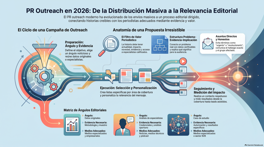 Infografía sobre PR outreach en 2026, mostrando el ciclo de la campaña, la propuesta a periodistas y la matriz de ángulos editoriales.