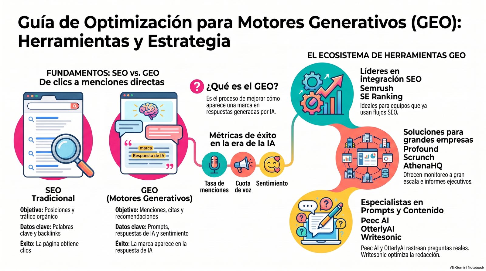 Infografía sobre la Guía de Optimización para Motores Generativos (GEO), que compara el SEO tradicional con el GEO y clasifica el ecosistema de herramientas.