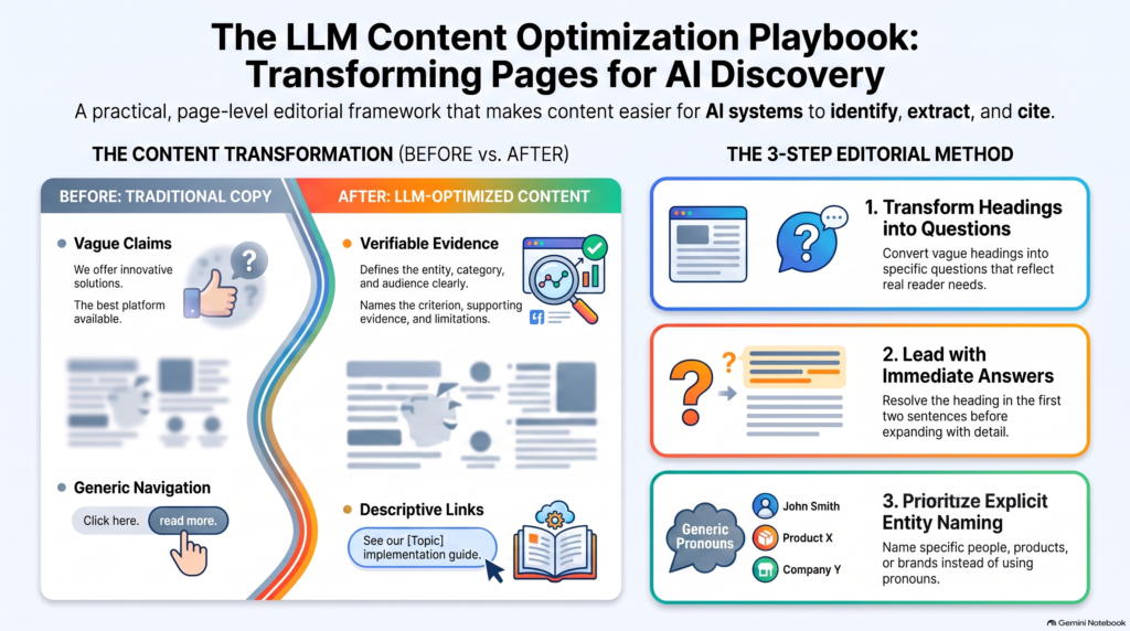 An infographic illustrating a 3-step editorial method to improve LLM visibility by transforming vague traditional copy into optimized content with verifiable evidence and explicit entity naming.