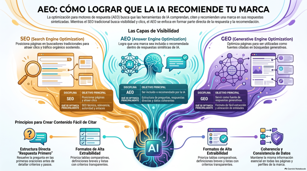 Infografía detallada que explica cómo lograr que la IA recomiende tu marca comparando las capas de visibilidad de SEO, AEO y GEO, y mostrando principios para crear contenido fácil de citar.