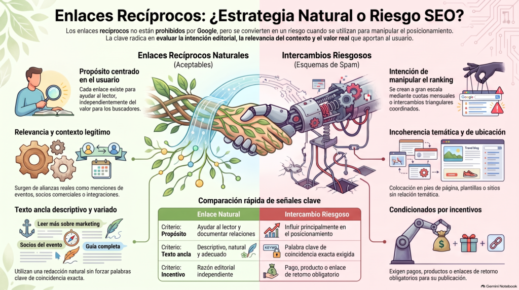 Infografía detallada que compara visualmente los enlaces recíprocos naturales con los intercambios riesgosos, mostrando un apretón de manos entre un brazo orgánico y uno robótico.