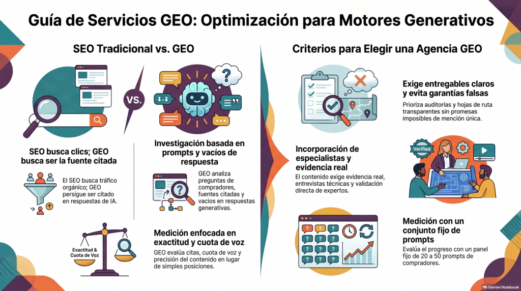 Infografía titulada "Guía de Servicios GEO: Optimización para Motores Generativos" que compara el SEO tradicional con el GEO y detalla los criterios para elegir una agencia GEO confiable.