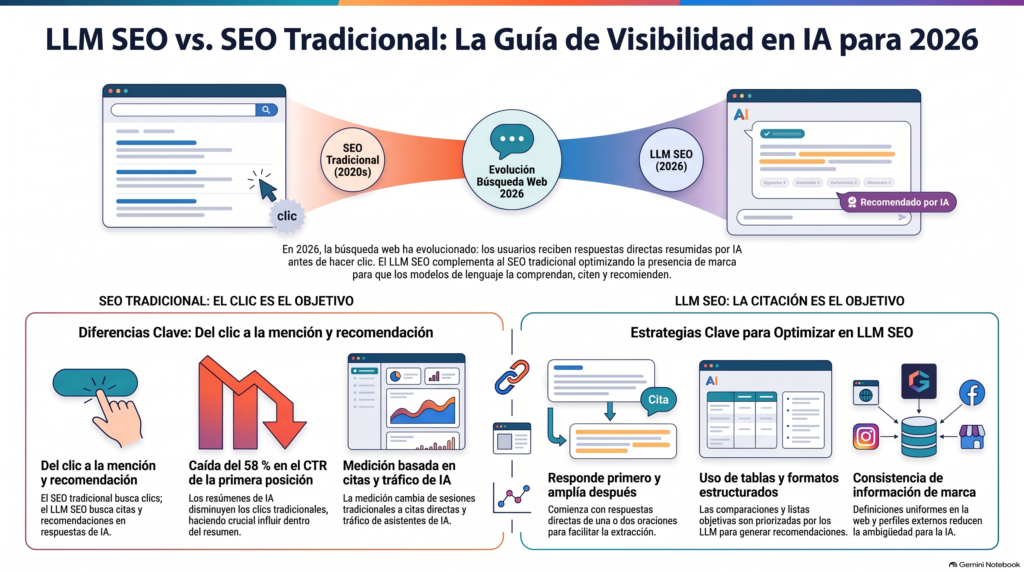 Infografía comparativa titulada "LLM SEO vs. SEO Tradicional: La Guía de Visibilidad en IA para 2026", que ilustra la evolución de la búsqueda orientada a clics hacia las recomendaciones generadas por inteligencia artificial, detallando estrategias clave de optimización.